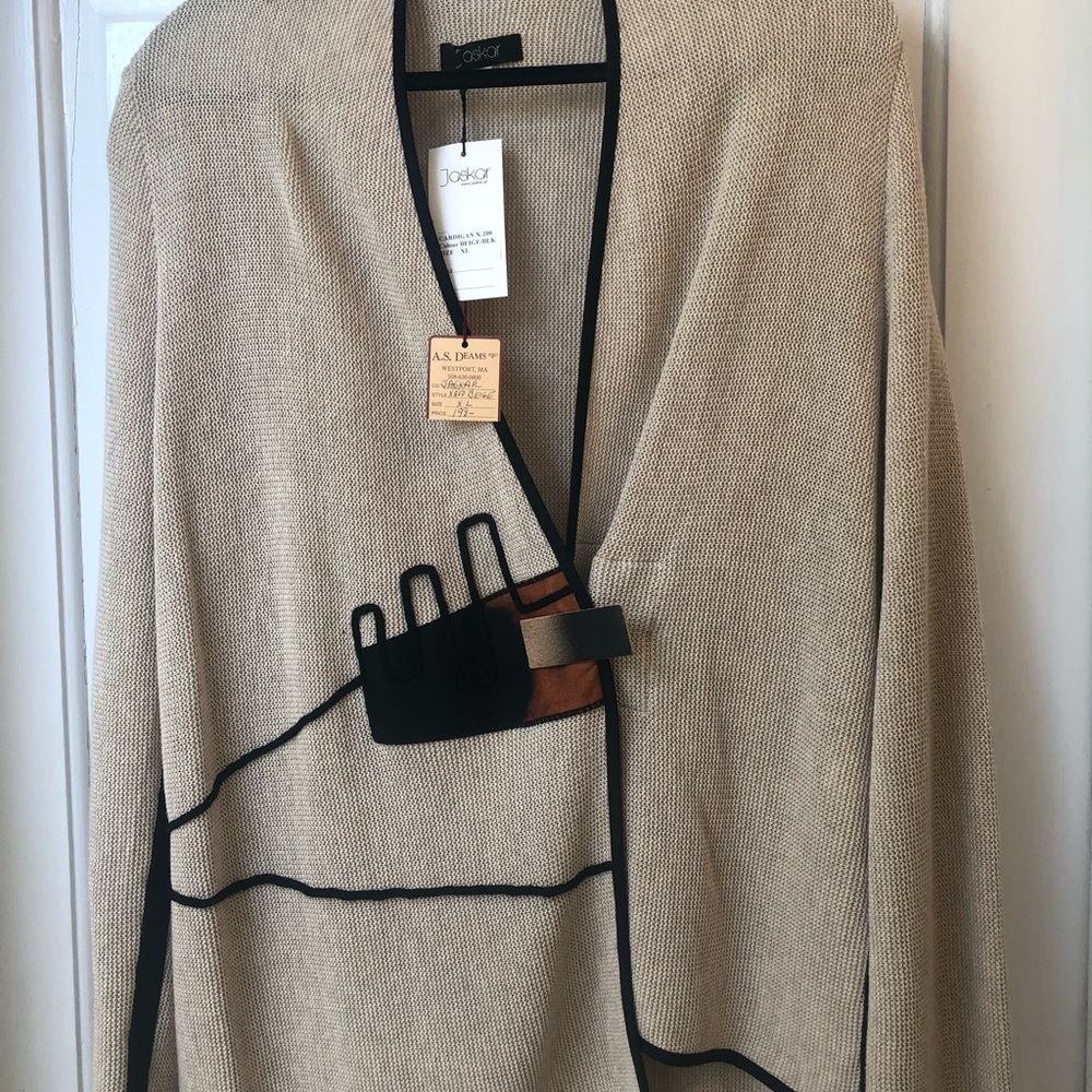 Tan and Black Light Weight, unlined Cardigan Sweater with single wooden closure